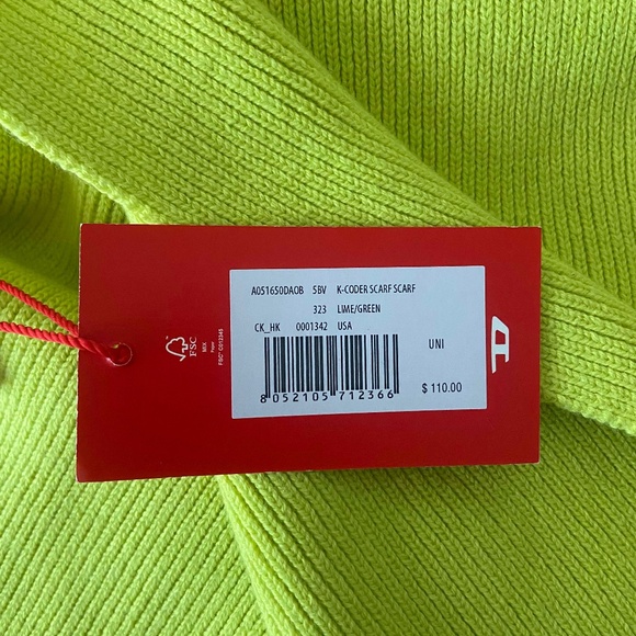 NWT DIESEL K-CODER LIME GREEN COTTON WOOL SCARF EMBROIDERED LOGO - Picture 6 of 8